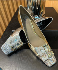 Chic Chunky Zircon Splicing Toe Heels Square High Gold