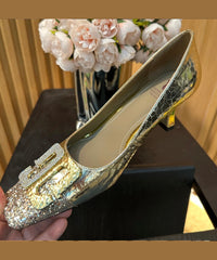 Chic Chunky Zircon Splicing Toe Heels Square High Gold