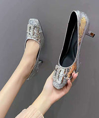 Chic Chunky Zircon Splicing Toe Heels Square High Gold