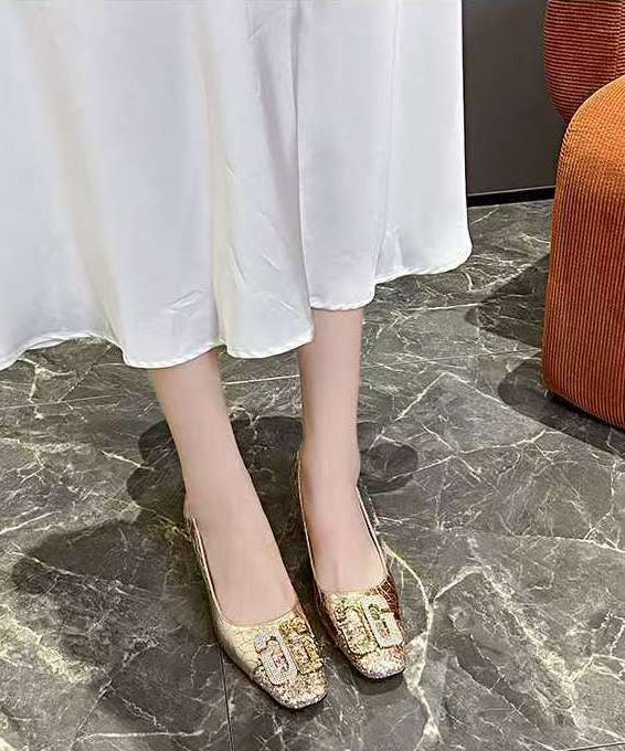 Chic Chunky Zircon Splicing Toe Heels Square High Gold