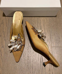 Bead French Slide Pointed Sandals Decorated Toe Golden