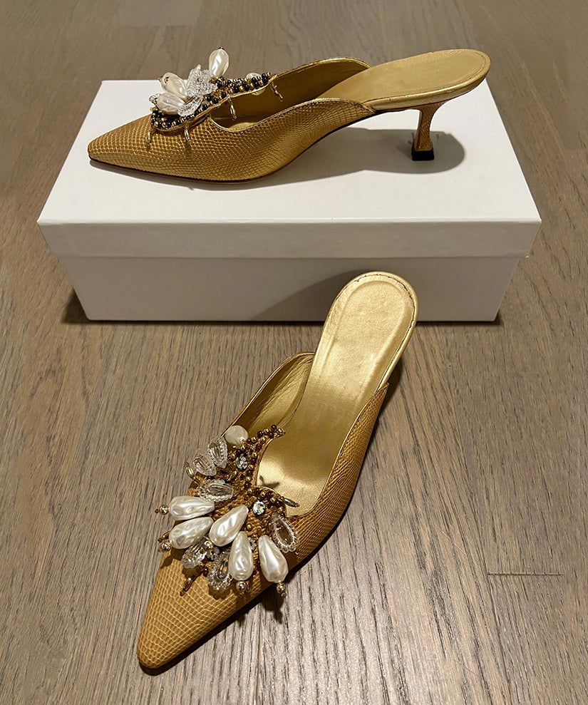 Bead French Slide Pointed Sandals Decorated Toe Golden