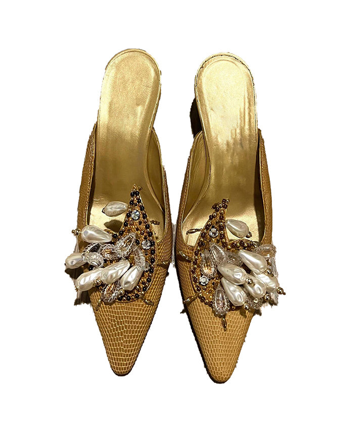 Bead French Slide Pointed Sandals Decorated Toe Golden