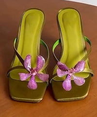 Floral Sandals Toe Peep High Slide Green Splicing Heels