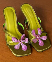 Floral Sandals Toe Peep High Slide Green Splicing Heels