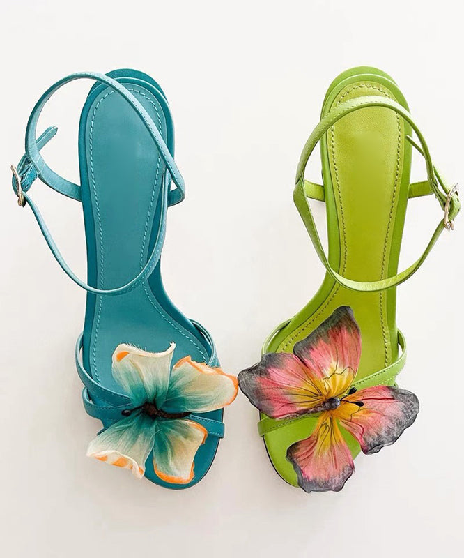Sandals High Splicing Heels Green Leather Cowhide