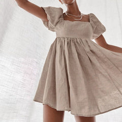 Hot Vibes Puff Sleeve High Waist Linen Mini Dress