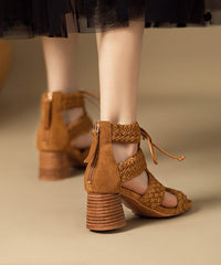 Hollow Brown Lace Out Sandals Chunky Splicing Handmade Boots Up