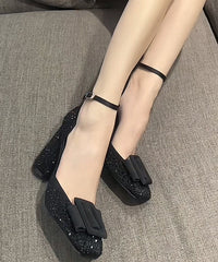 Heel Handmade Sandals Black Strap Chunky Buckle Zircon Splicing