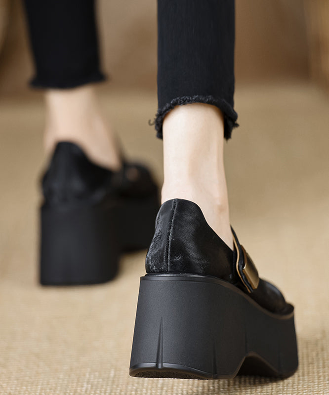 Handmade Vintage Buckle Strap Splicing Wedge High Heels Black Silk