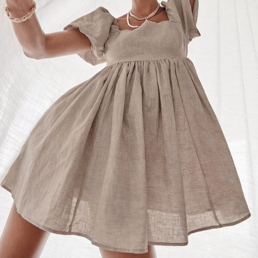 Hot Vibes Puff Sleeve High Waist Linen Mini Dress