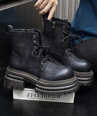 Khaki Chunky Faux Leather Splicing Lace Up Boots