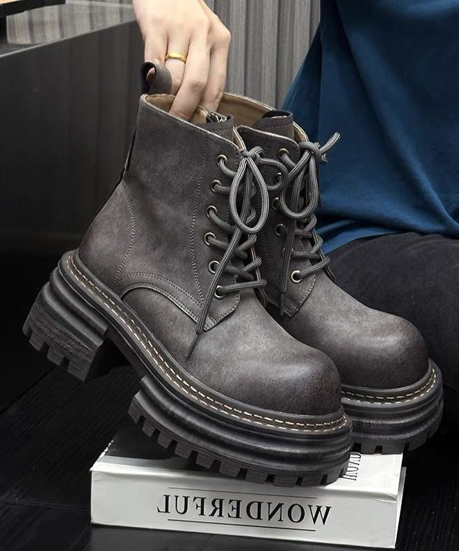 Khaki Chunky Faux Leather Splicing Lace Up Boots