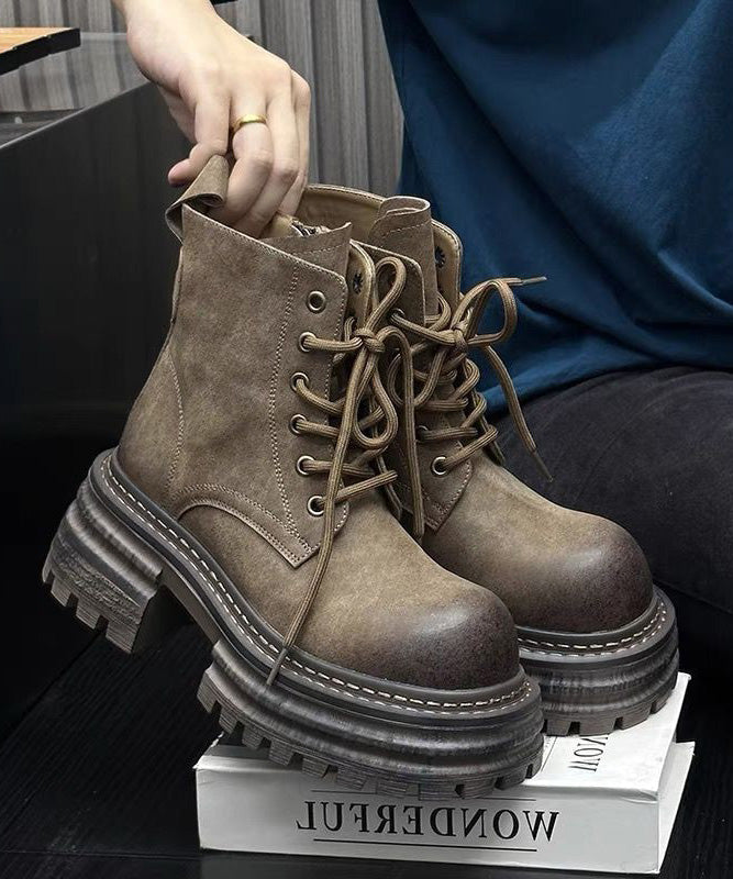Khaki Chunky Faux Leather Splicing Lace Up Boots