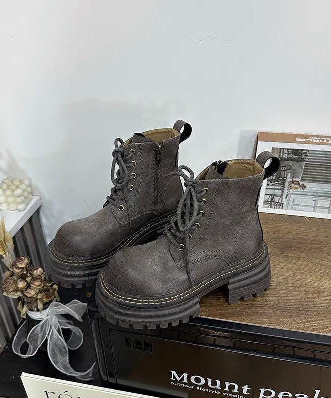 Khaki Chunky Faux Leather Splicing Lace Up Boots