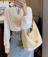 Straw Apricot Bag Shoulder Woven Large Capacity