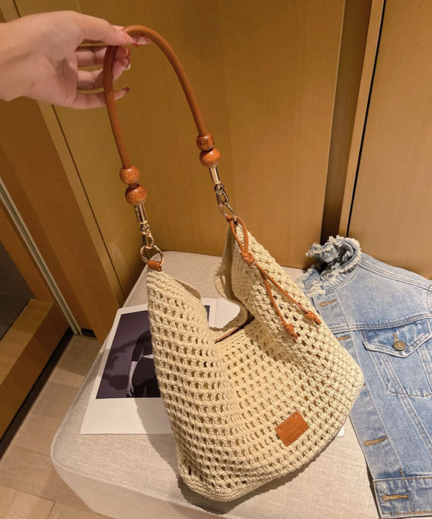 Straw Apricot Bag Shoulder Woven Large Capacity