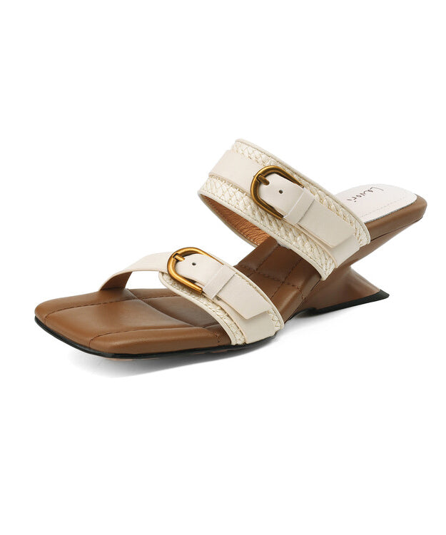 Woven Wedge Sheepskin Slippers Heel Apricot