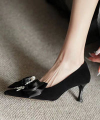 Black Classy Beaded Bow Suede High Heels
