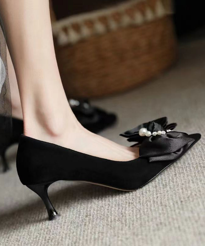 Black Classy Beaded Bow Suede High Heels