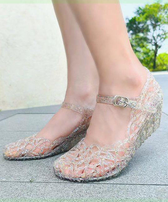 Black Crystal Hollowed Out Wedge Heel Sandals