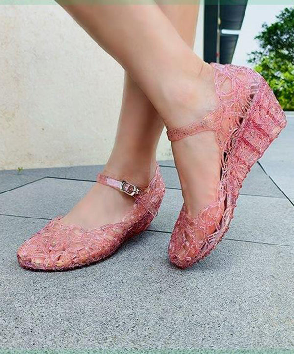 Black Crystal Hollowed Out Wedge Heel Sandals