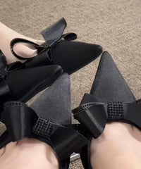 Zircon Sandals High Pointed Black Splicing Heels Bow