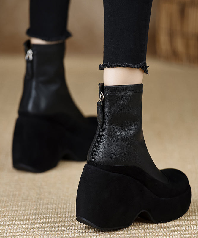Black Sheepskin Splicing Zippered Wedge Boots