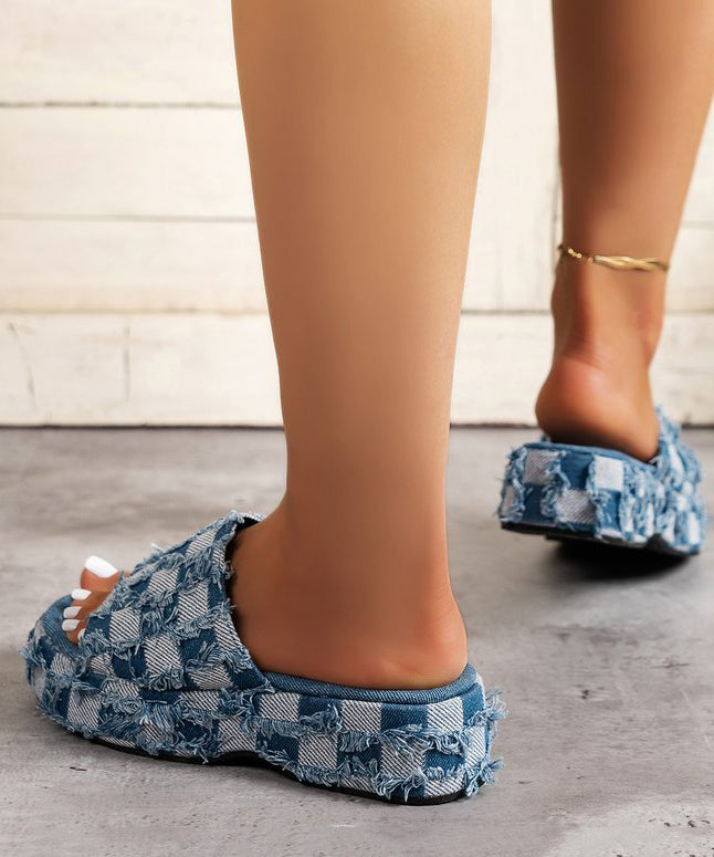 Blue Platform Bottom Denim Tassel Checkered Slide Sandals