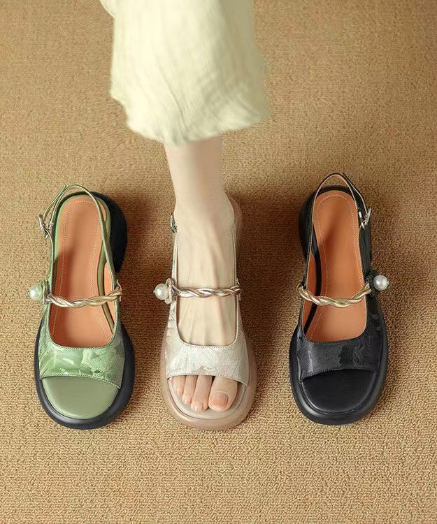 Chinese Style Green Chunky Heel Retro Sandals Peep Toe