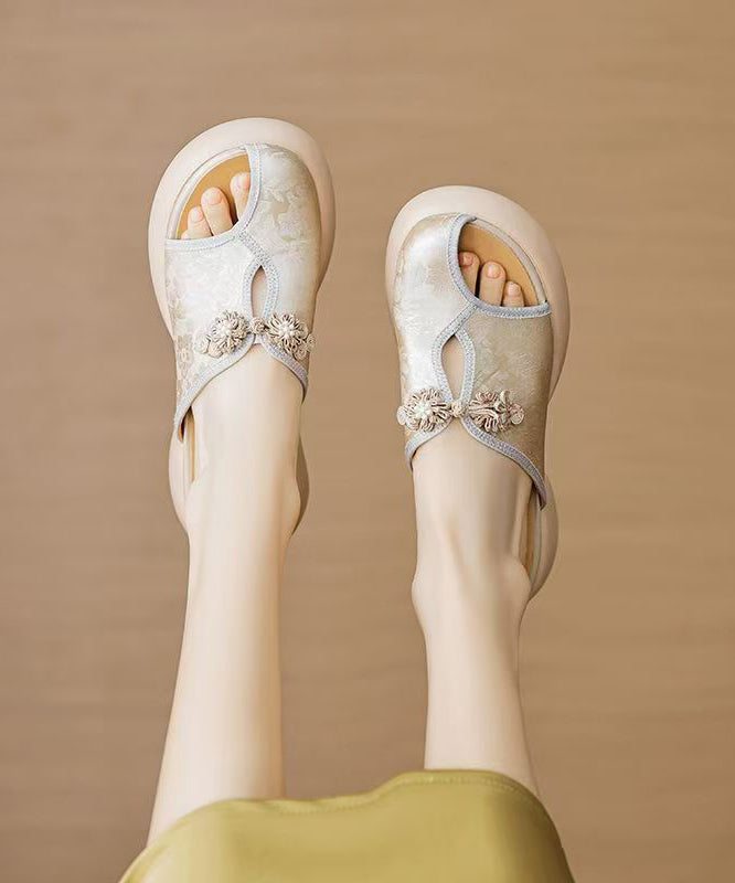Chinese Style Green Embroidered Chunky Heel Slide Sandals