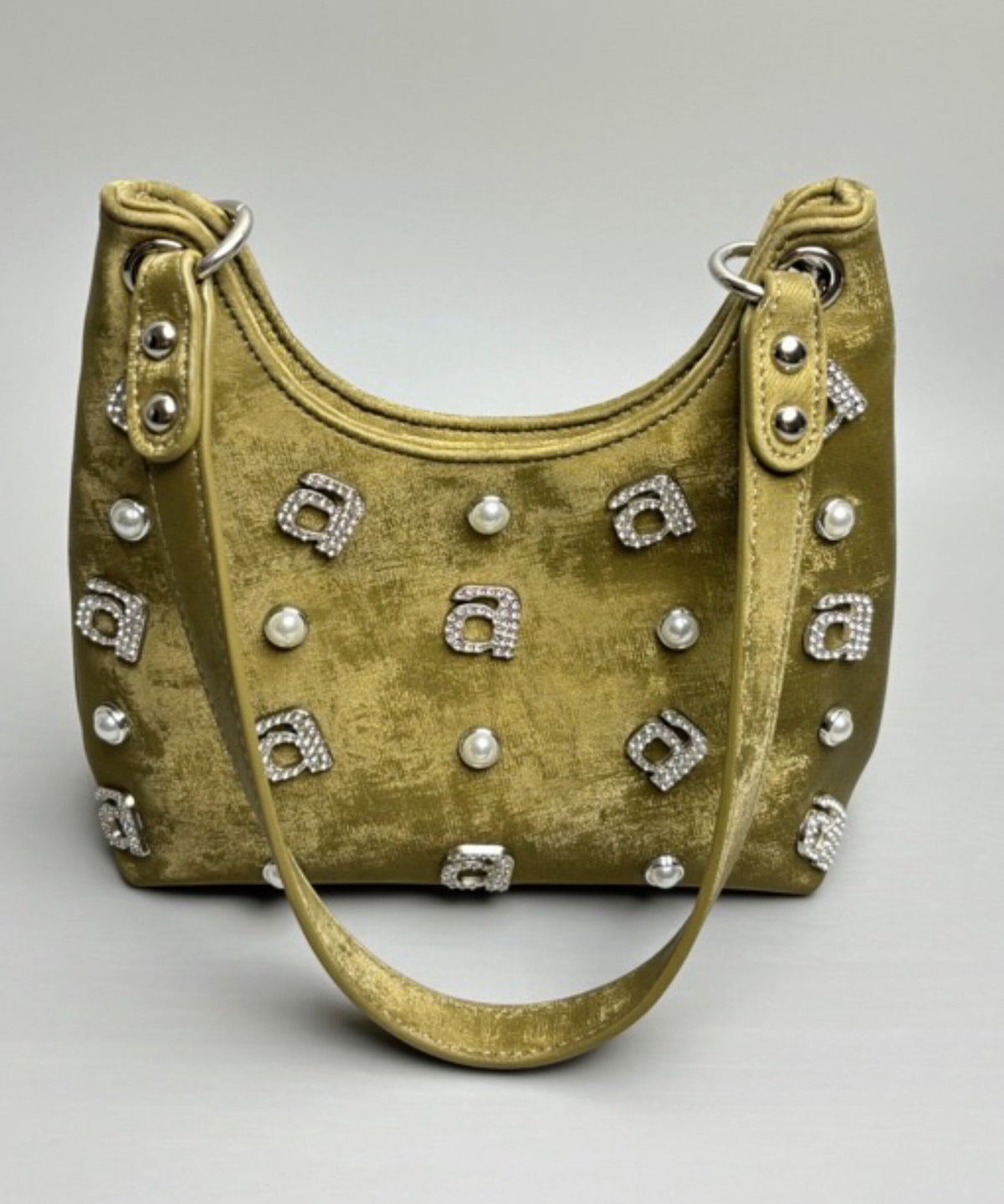 Green Silk Rhinestone Letter Shoulder Bag
