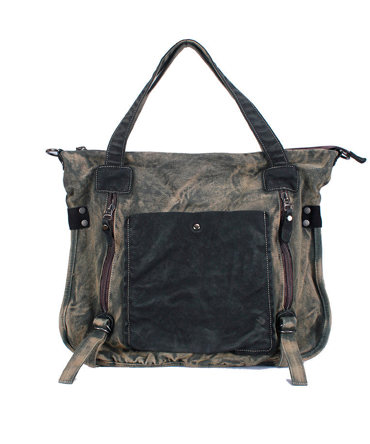 Coffee Large Capacity Cowhide Spliced Canvas Satchel Bag Handbag