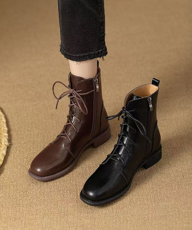 Cowhide Leather Boots Zippered Lace Up Splicing Brown