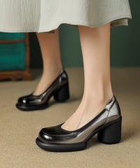 Grey Leather Cowhide High Heel Chunky Heels Dark Splicing