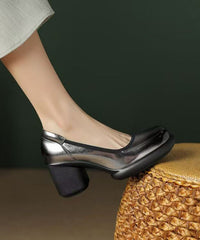 Grey Leather Cowhide High Heel Chunky Heels Dark Splicing