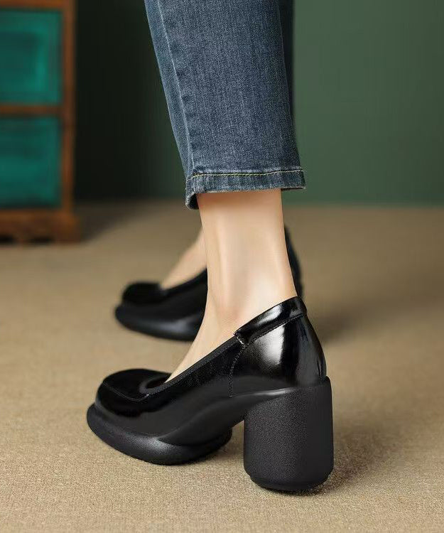 Grey Leather Cowhide High Heel Chunky Heels Dark Splicing