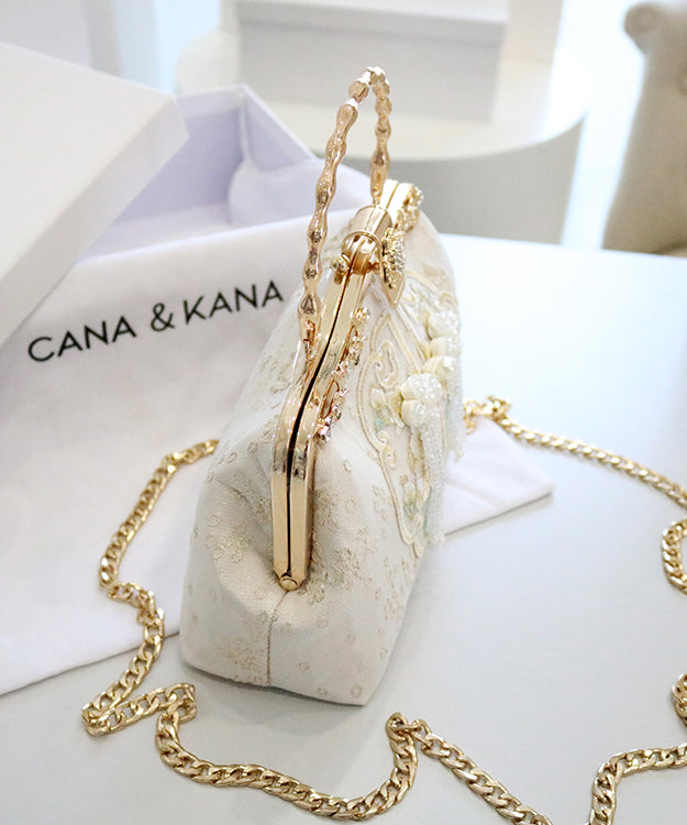 Handbag Beige Embroidered Retro Cotton Tote Zircon