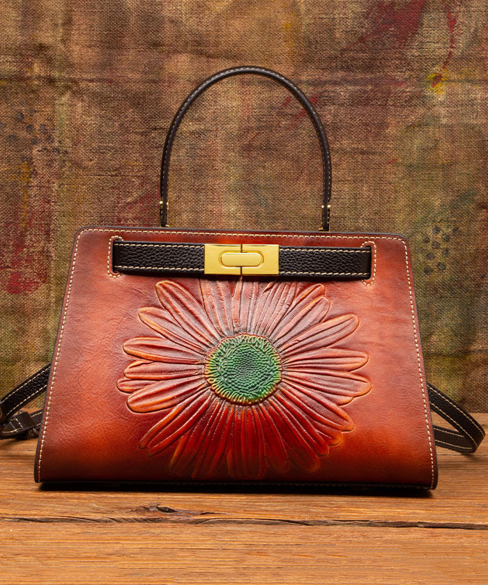 Retro Calf Bag Leather Brown Embossed Messenger