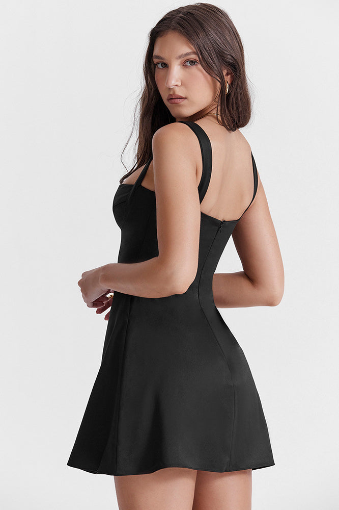 Minivestido de fiesta de verano de satén con escote cuadrado y tirantes - Negro