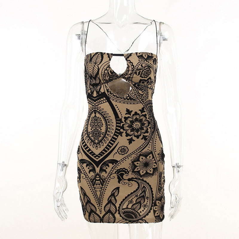Printed Hollow Hip Suspender Skirt