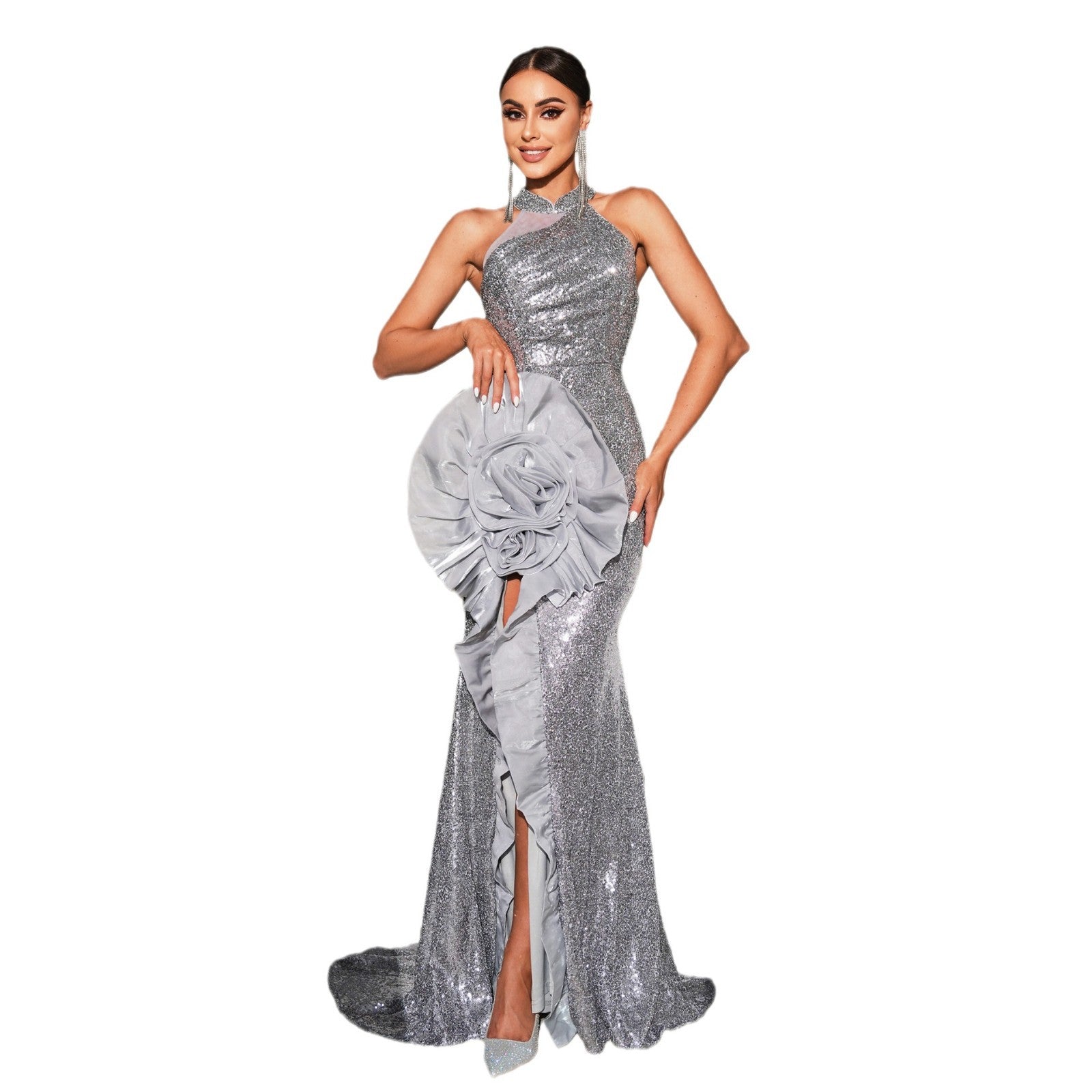 Silver  Flower Embellished Halter High Split Event Dress