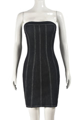 Vintage Distressed Banded Strapless Denim Bodycon Mini Dress - Black