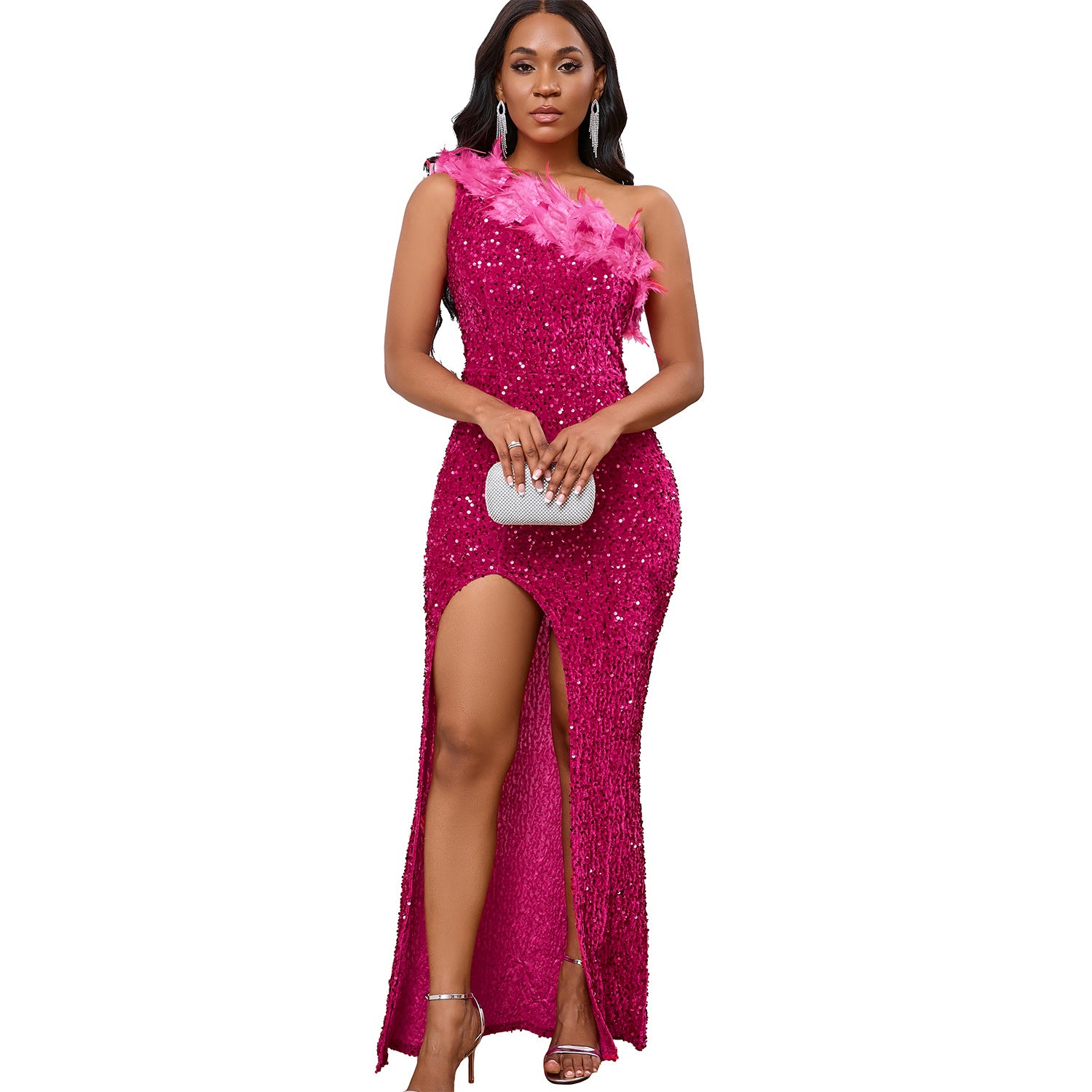 A Side-Neck Slit Sequin Dress