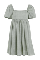 Süßes Leinen-Babydoll-Minikleid mit Puffärmeln und quadratischem Ausschnitt - Grün