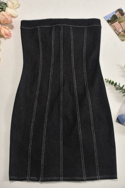 Vintage Distressed Banded Strapless Denim Bodycon Mini Dress - Black