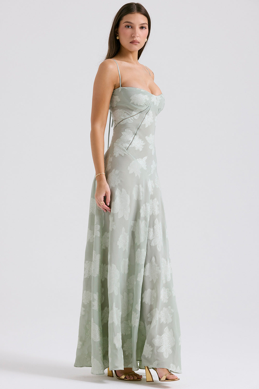 Floral Cowl Neck High Slit Slip Midi Dress - Sage Green