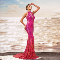 Off-shoulder slim fit hip sequined fishtail evening dress