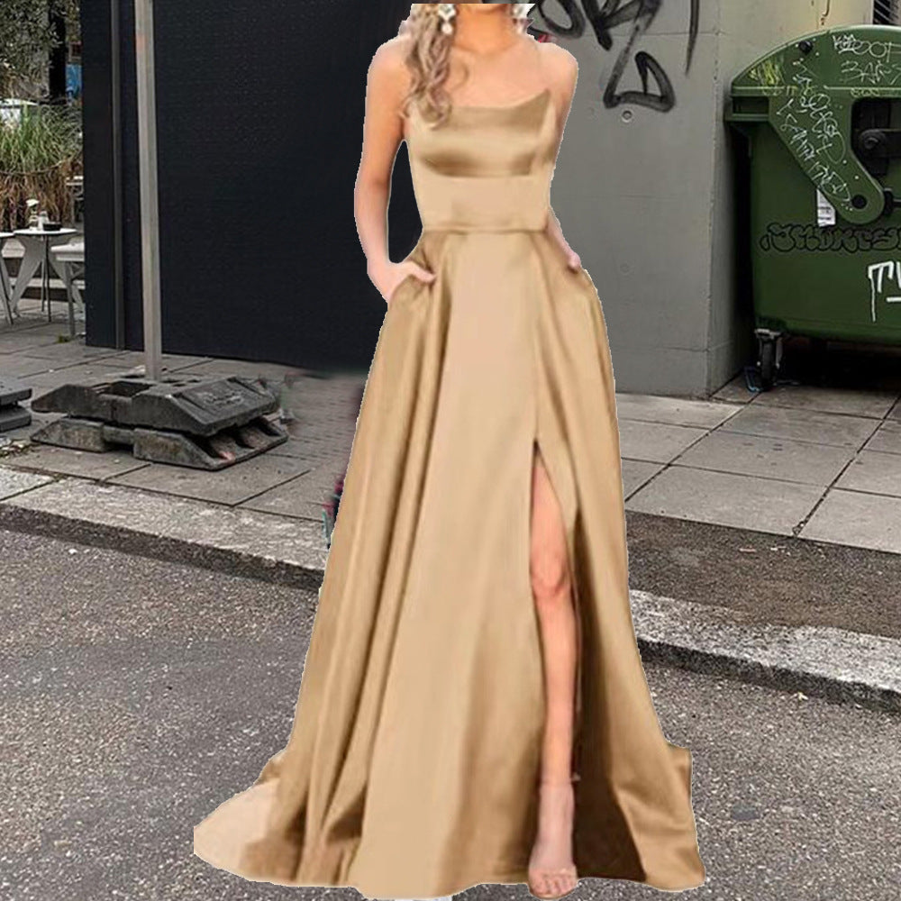 Elegantes Abendkleid mit hohem Schlitz, rückenfreies langes Kleid