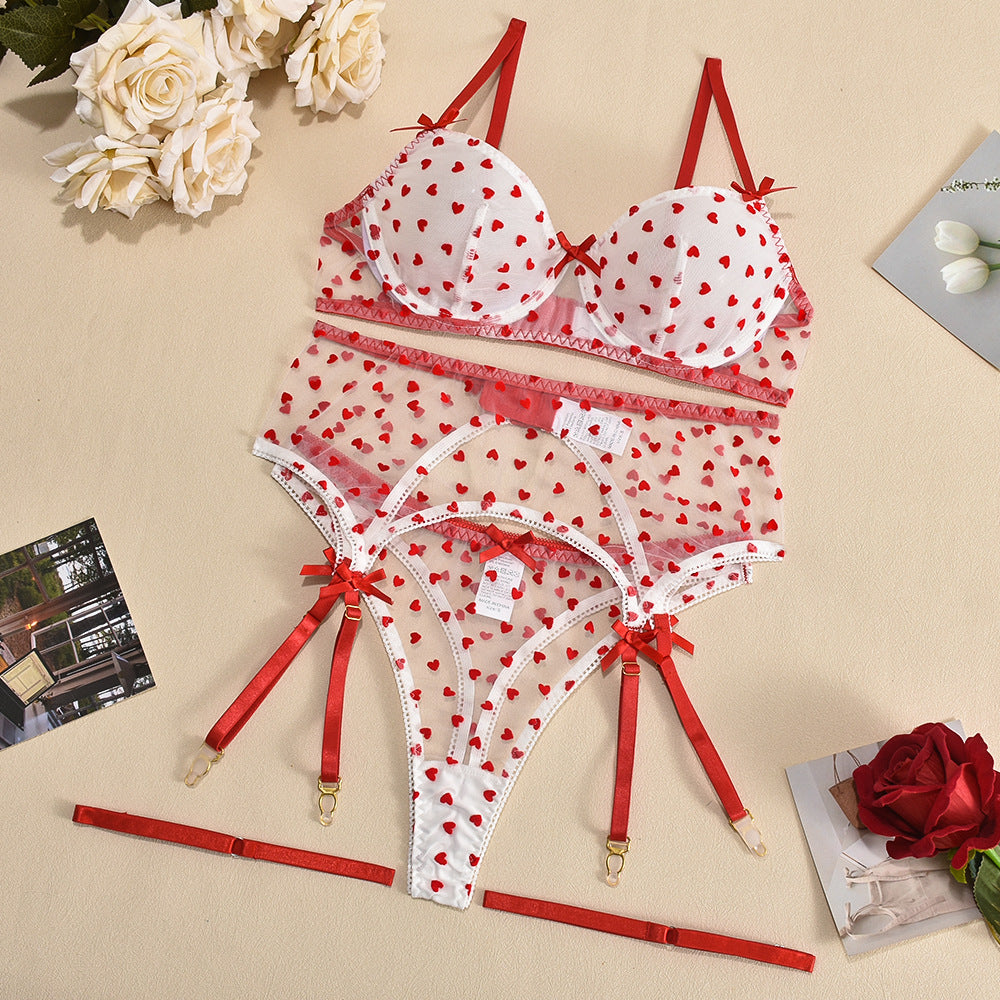 Red Heart Print Ruffled Strappy Three-Piece Lingerie Set
